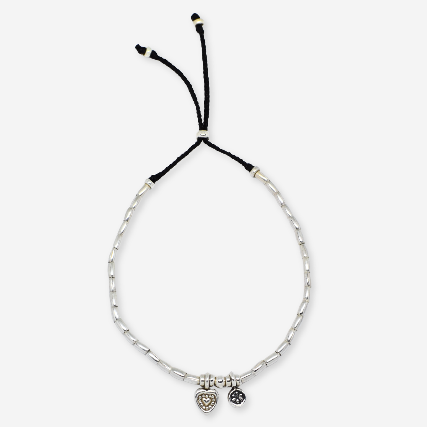 silver beaded bracelet on white background