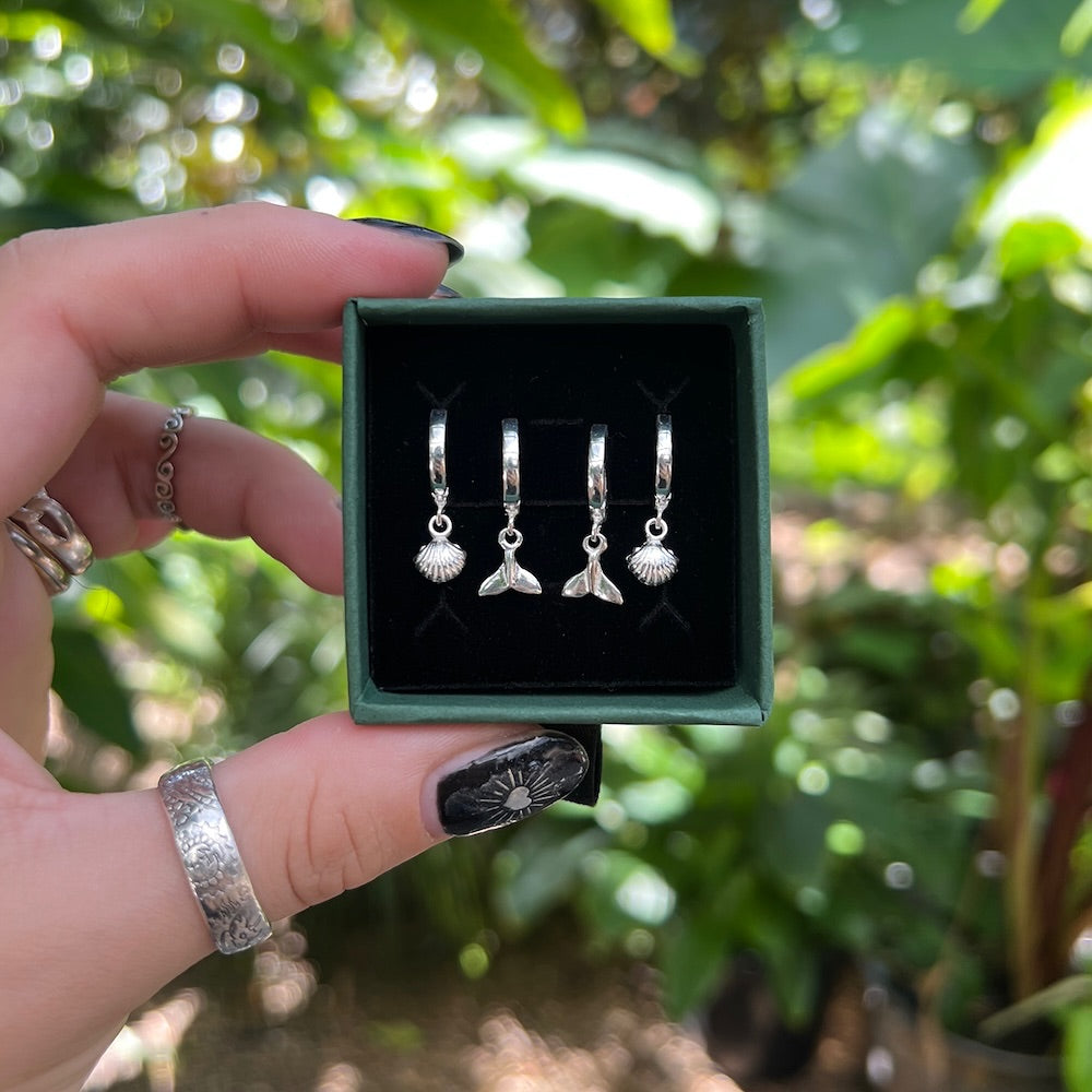 Hand holding a box of silver earrings with a green leafy background