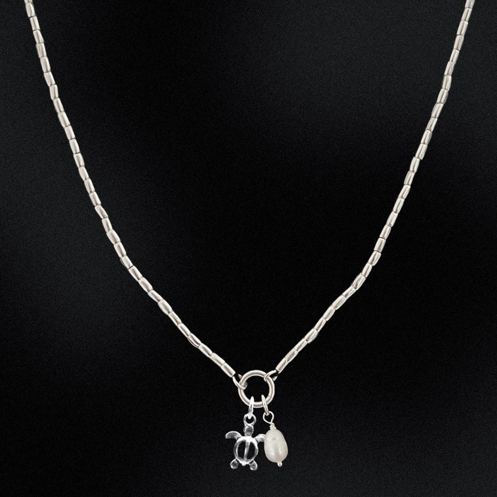 Silver necklace with a turtle pendant on a black background