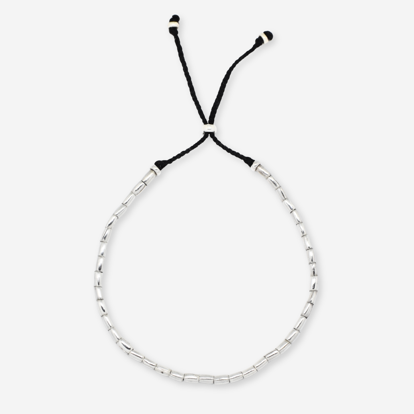 Silver beaded bracelet with black cord on a white background