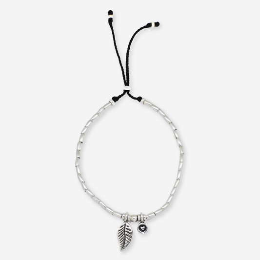 Hill Tribe Silver Leaf & Heart Charm Adjustable Bracelet