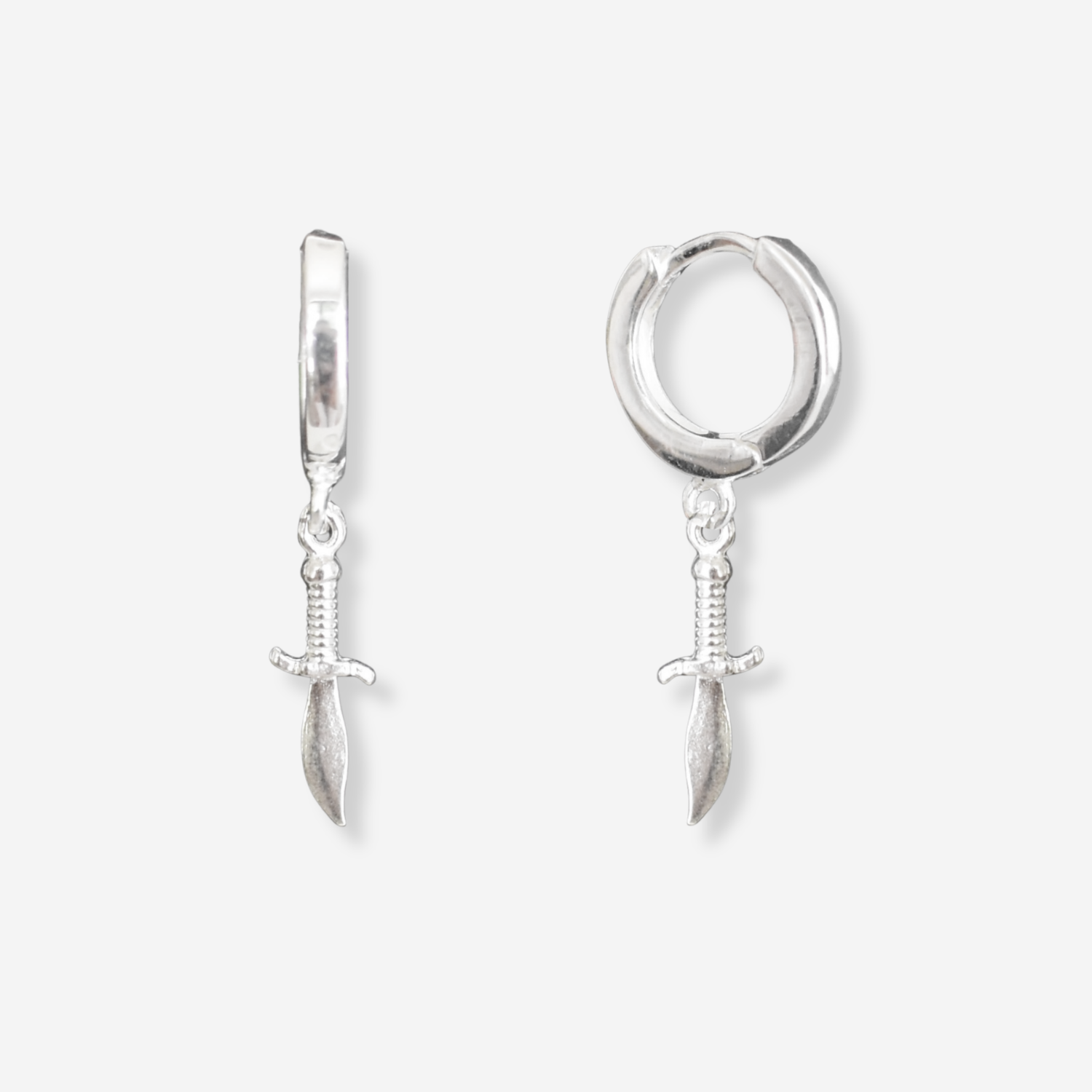 Silver sword-shaped earrings on a white background