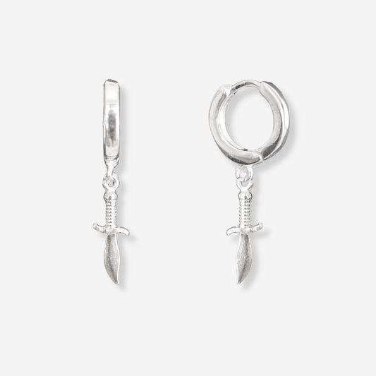 Silver sword-shaped earrings on a white background