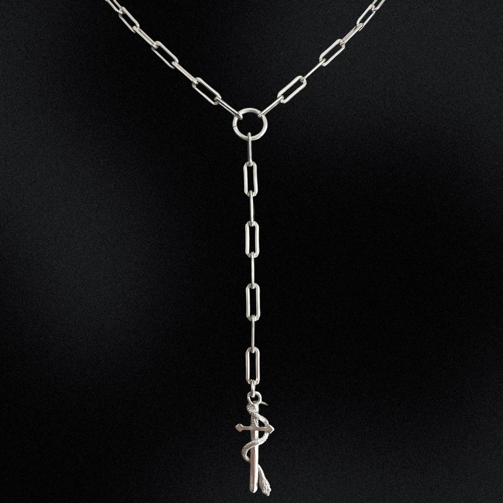 Silver Serpent & Sword Lariat Necklace