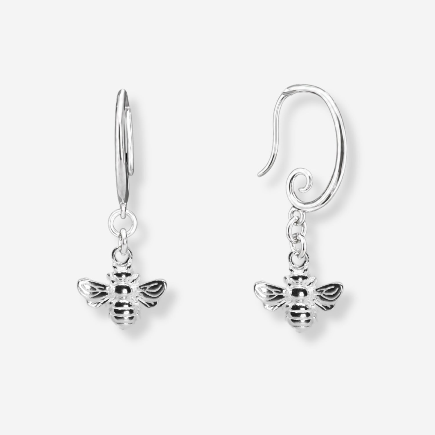 Silver bee-shaped earrings on a white background