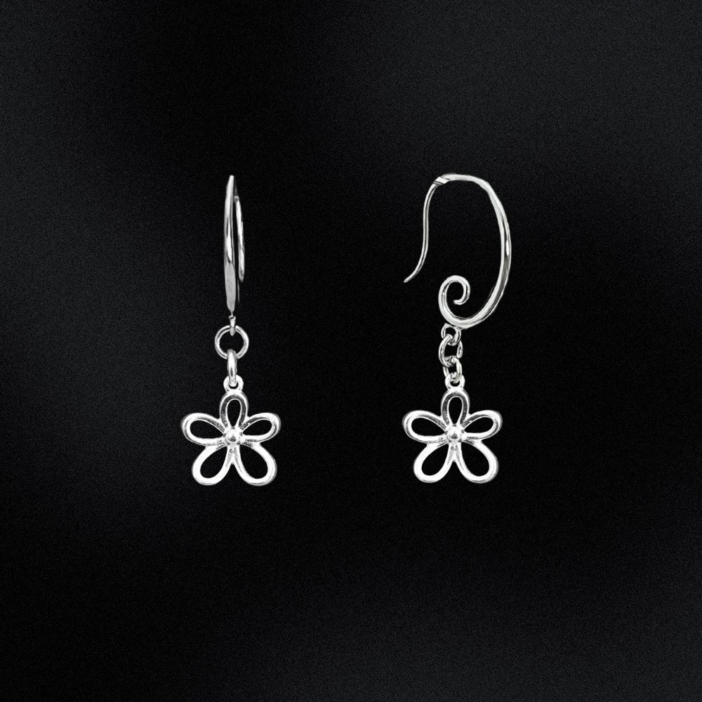 Silver flower-shaped earrings on a black background