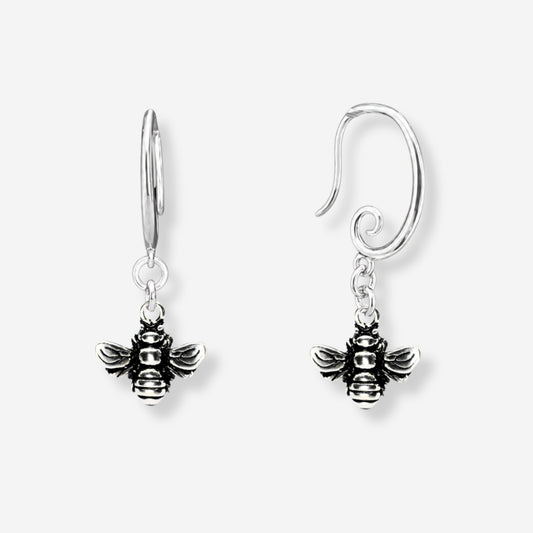 Silver bee-shaped earrings on a white background