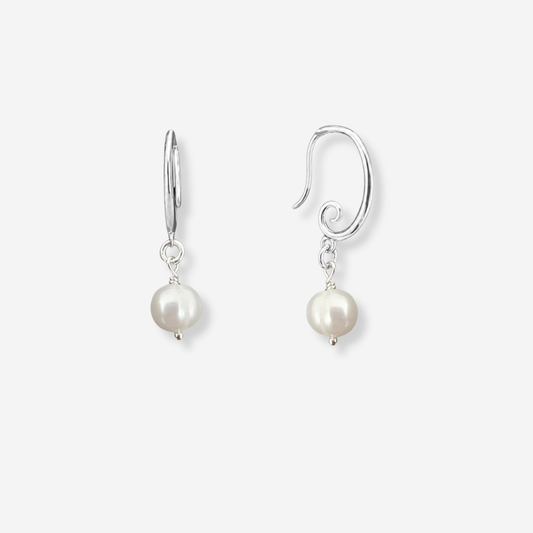 Freshwater Pearl Silver Swirl Hook Earrings