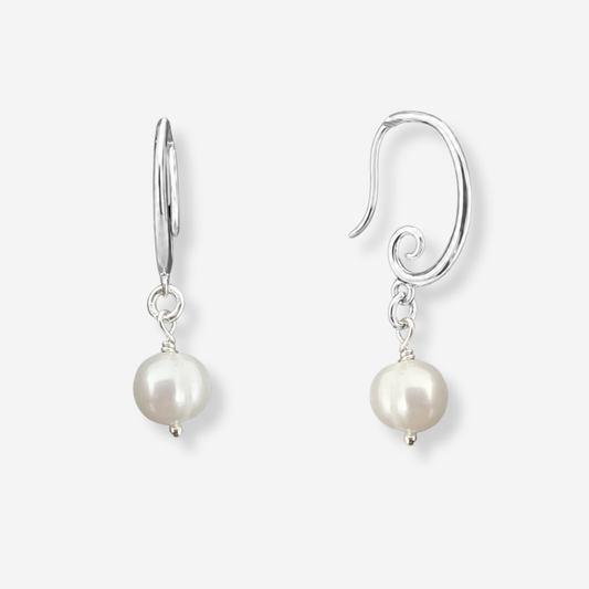 Freshwater Pearl Silver Swirl Hook Earrings