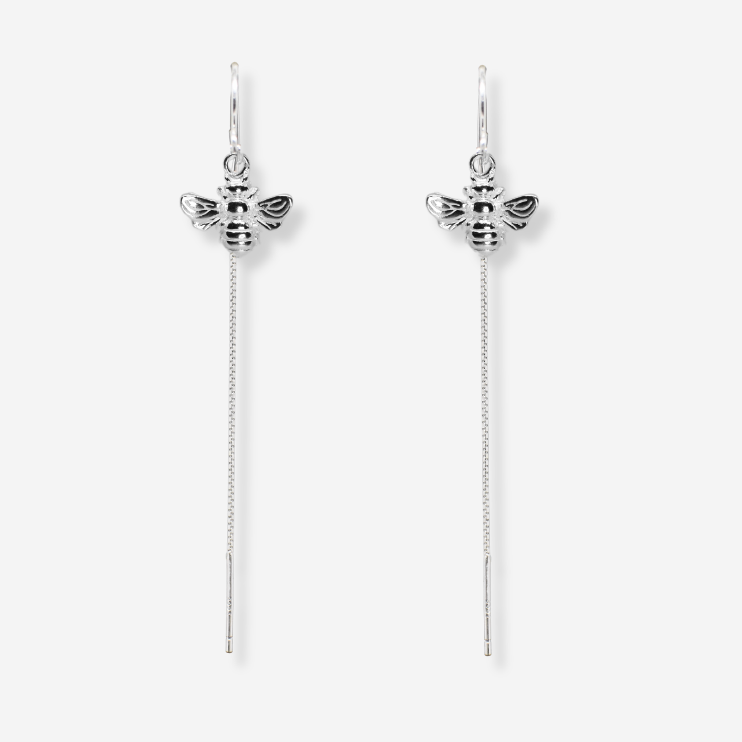 Silver bee earrings with chain drops on a white background