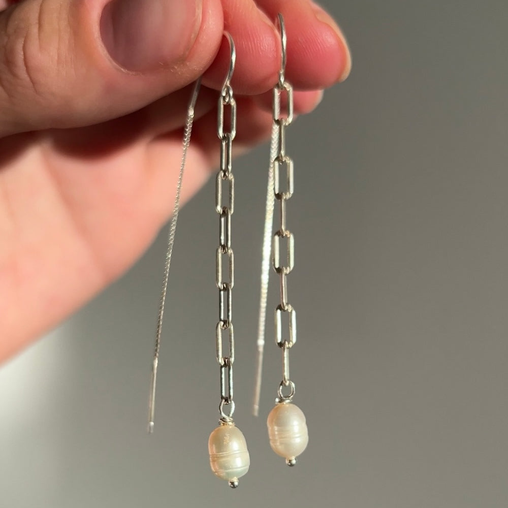 Paperclip Chain & Pearl Threader Earrings