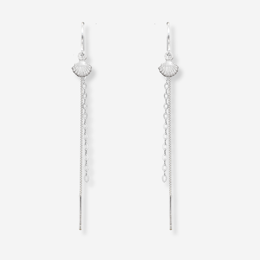 Silver chain earrings with scallop shell designs on a white background