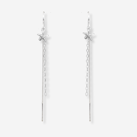 Silver starfish chain earrings on a light gray background