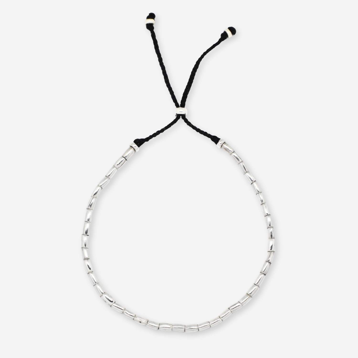 Silver beaded bracelet with black cord on a white background