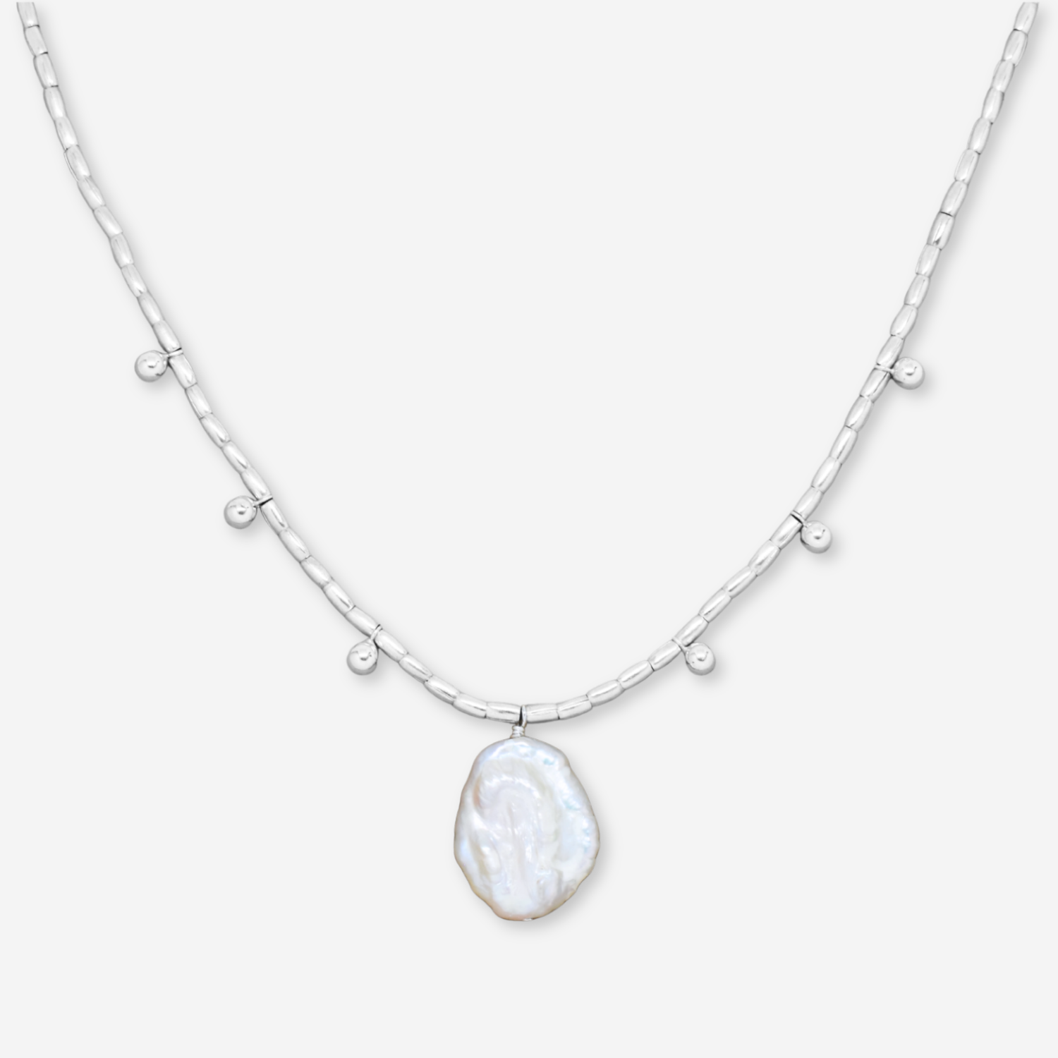 Necklace with a large, irregularly shaped pendant on a white background