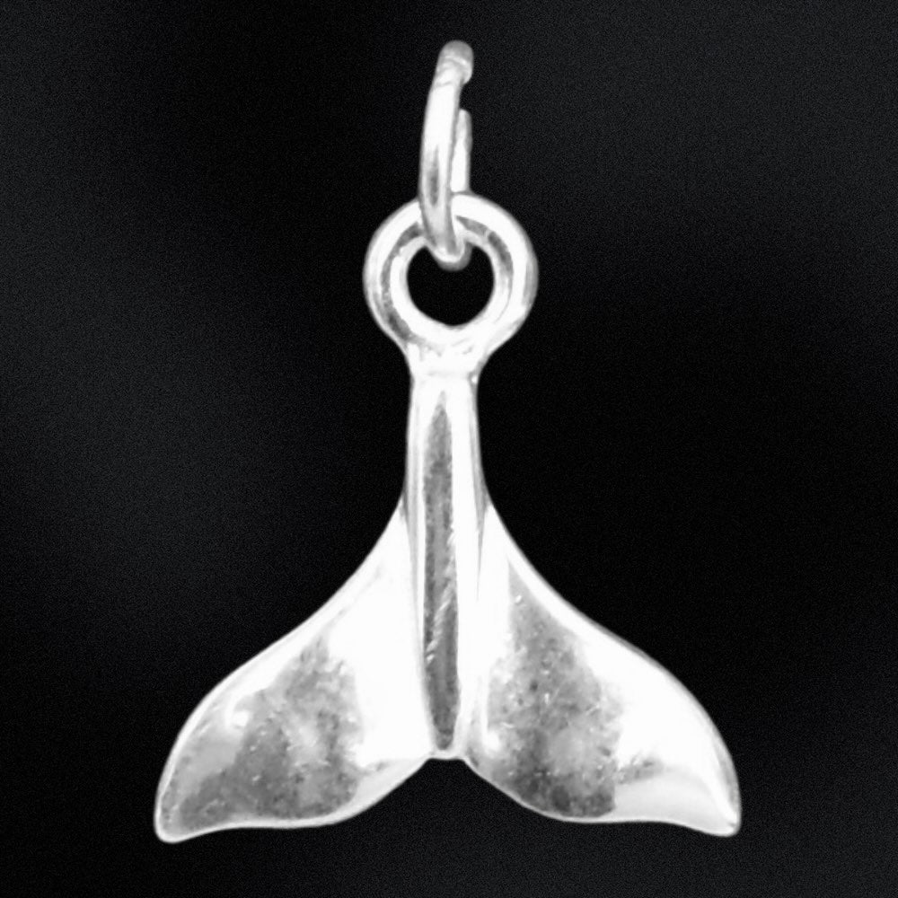 Silver whale tail charm on a black background