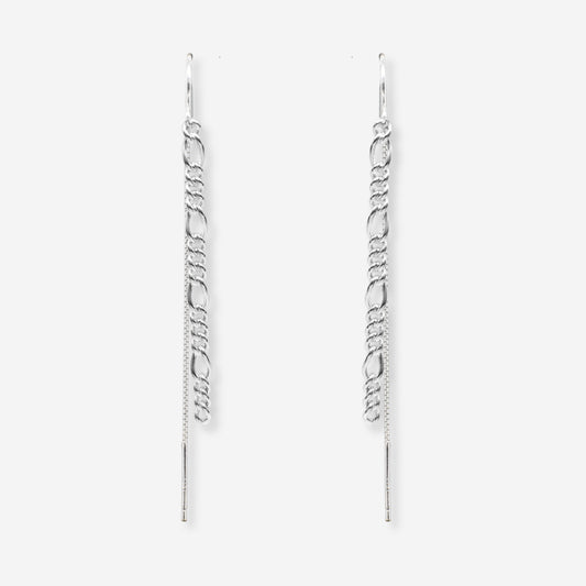 Pair of silver chain earrings on a light gray background